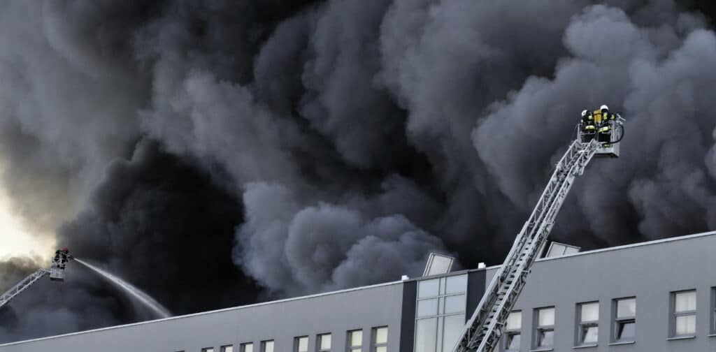 Two fire truck ladders spraying water on a burning warehouse