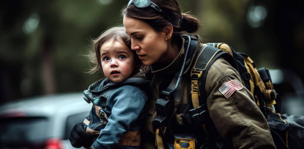 A female firefighter carrying a child to safety during a rescue mission, demonstrating authority, confidence, and responsibility in her role (created with Generative AI)